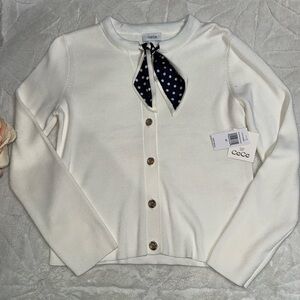 CeCe Cream Cardigan with Navy Polka Dot Scarf